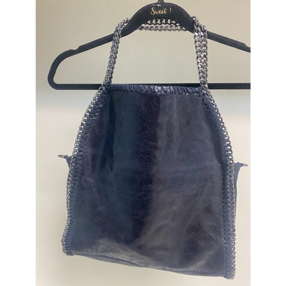 GENUINE LEATHER VERA PELLE HANDBAG, NAVY BLUE WITH METAL CHAIN HANDLES - Picture 1 of 16